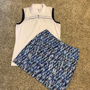 EP Pro White Sleeveless Golf Top with Blue Patterned Skort